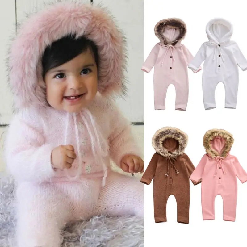 Za malčke Baby Girl Boy Zimska Oblačila Krzno Hooded Romper Jumpsuit Tople Obleke UK