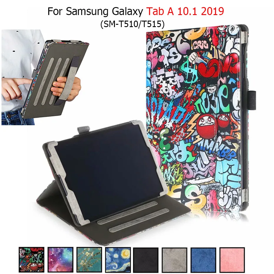 Za Samsung Galaxy Tab 10.1 Primeru 2019 T510 T515 Tiskanja PU Usnje Stojalo Pokrov Z Roko Nosilec Za Samsung Tab 10.1 2019