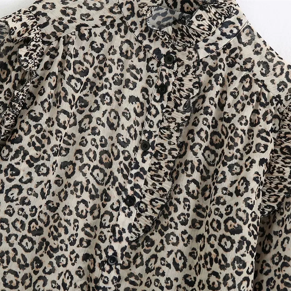 Za Vrh Ženske 2020 Letnik Leopard Semi-čiste Živali Tiskanja Ženske Majice Dolg Rokav Visoko Vratu Ruffle Okraskov Gumb-up Bluze