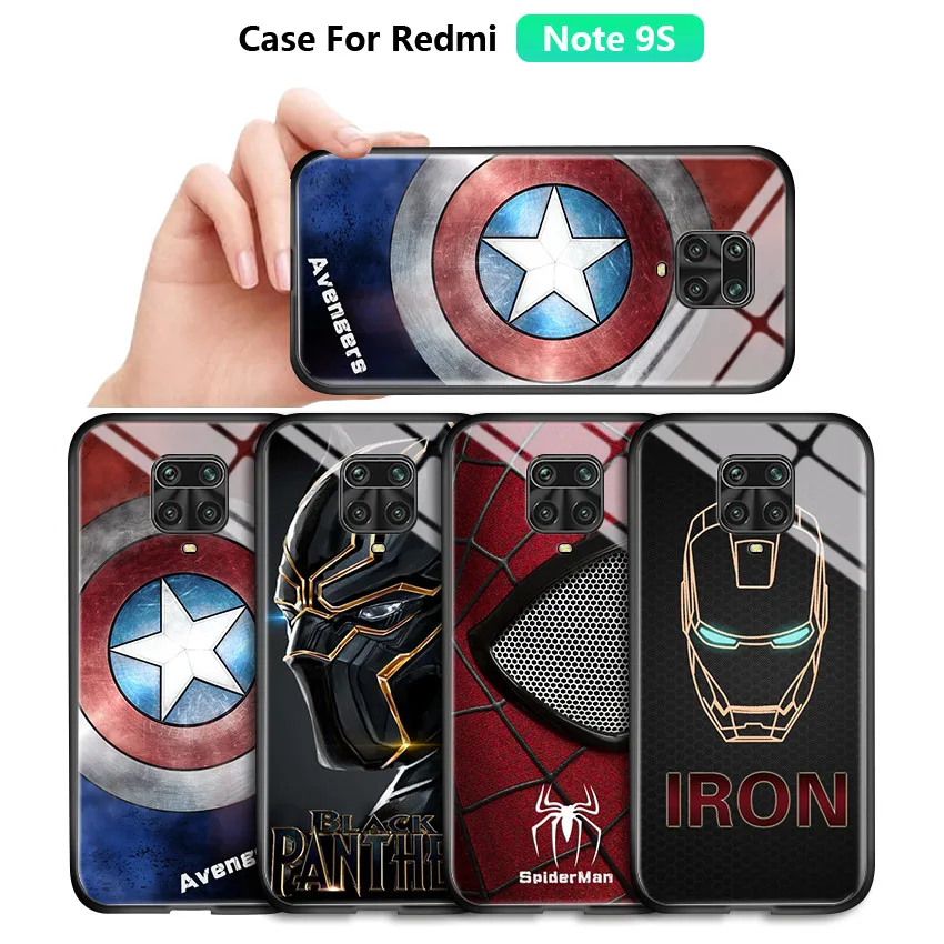 Za Xiaomi Redmi Opomba 9 Pro 9S Avengers Superheroj Primeru Captain America Ironman Spiderman Kaljenega Stekla Nazaj Ohišje Pokrov