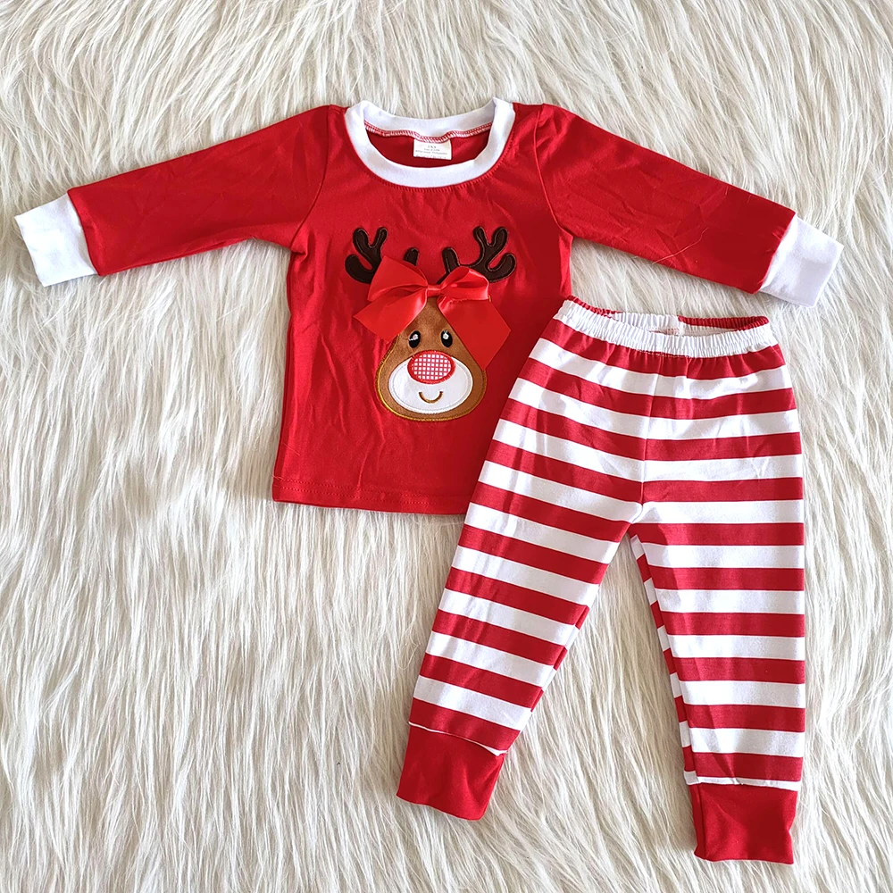 Zadnjo zimo božič dekleta obleko z rdečim lok dolgimi rokavi top in trak oblačila sklop s jelenov tiskanja