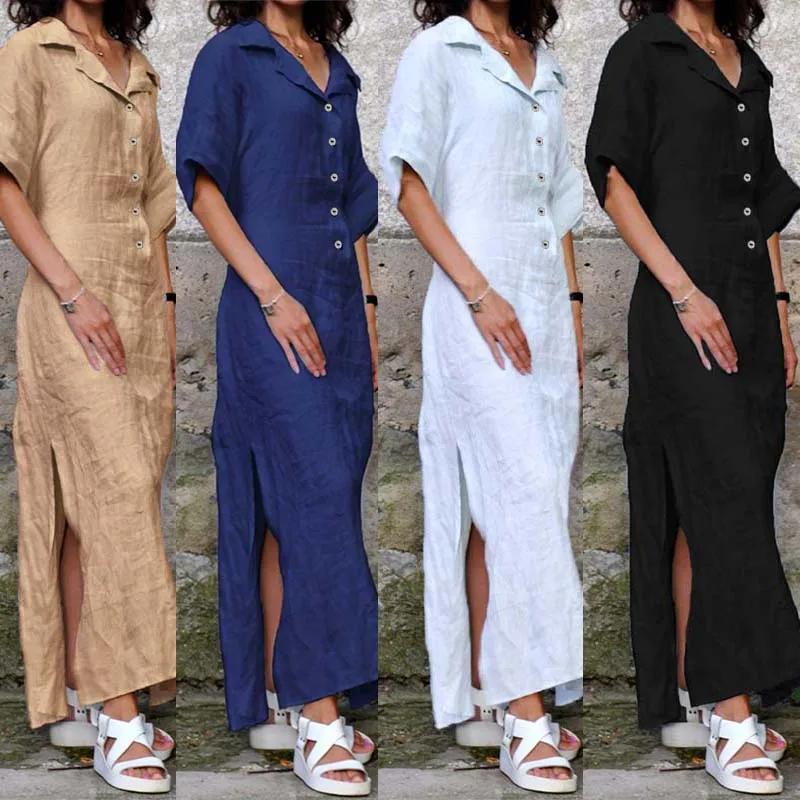 ZANZEA 2021 Elegantno Strani Split Maxi Obleka Ženske Sundress Moda Priložnostne Gumb Majica Vestido Ženski River Stranka Haljo Plus Velikost
