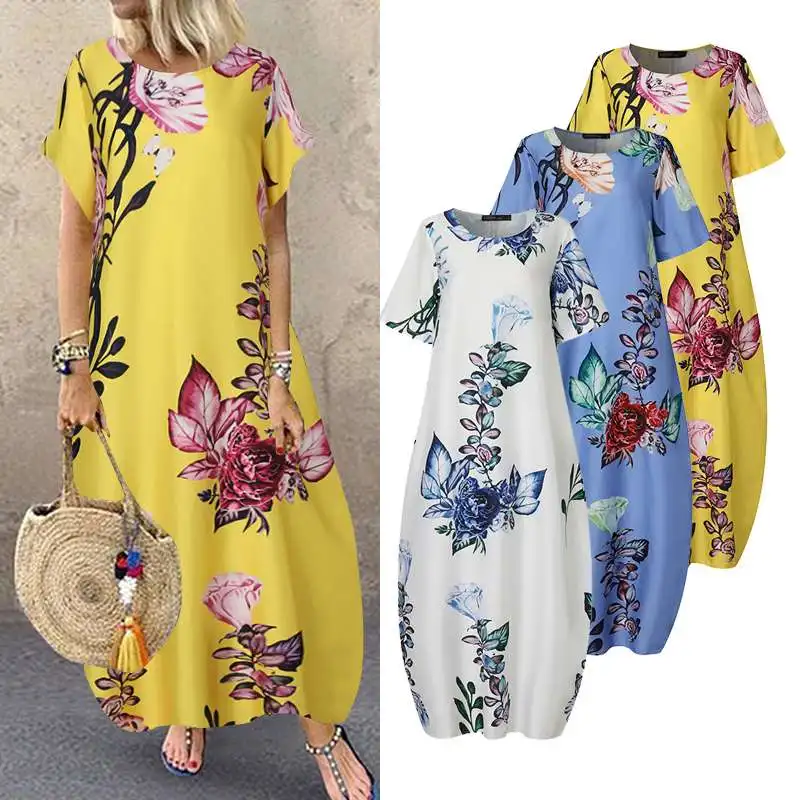 ZANZEA Poletje Obleko Maxi Moda za Ženske je Natisnjena Sundress Priložnostne Cvetlični Dolgo Vestidos Ženski Visoko Pasu Vrečasta Haljo Plus Velikost