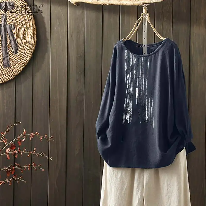 ZANZEA Žensk Vezenje Bluzo 2021 Jeseni Priložnostne Srajce Vintage O Vratu Majice z Dolgimi Rokavi Bombaž Vrh Ženskega Blusas Plus Velikost
