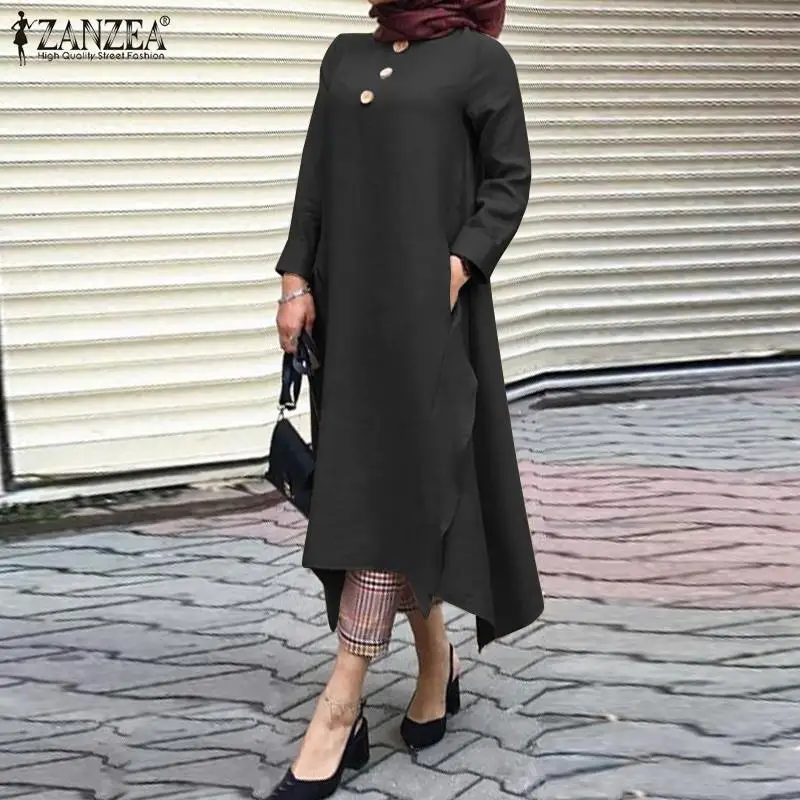 ZANZEA Ženske Asimetrični Sundress Jeseni Muslimansko Obleko z Dolgimi Rokavi Vestidos Ženski Trdna Gumb Haljo Plus Velikost 5XL tam kaftan
