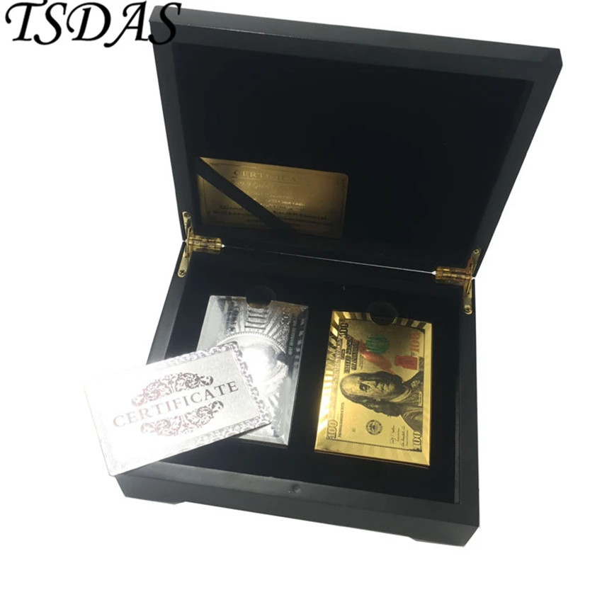 Zbiranje Lesene Box Set Z Zlato & Srebrna 100 USD 24k Zlata Folija Igralne Karte Najboljše Darilni Set Za Kartico Igralec