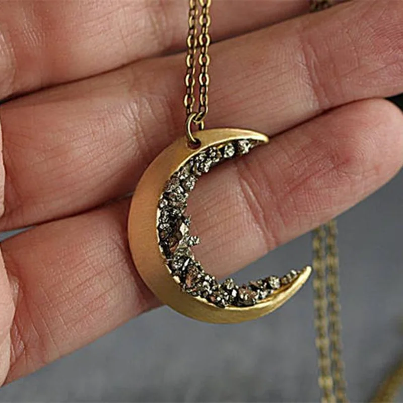 Zdrobljeni Crystal Zlata Crescent Moon Ogrlica Letnik Čar Dolge Ogrlice za Ženske Ženski Izjavo Verige Nakit Ogrlica