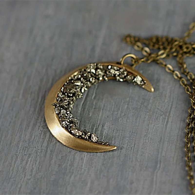 Zdrobljeni Crystal Zlata Crescent Moon Ogrlica Letnik Čar Dolge Ogrlice za Ženske Ženski Izjavo Verige Nakit Ogrlica
