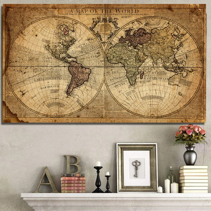 Zemljevid Sveta Retro Starih Fotografij, Platno Zemlji Slike Za Dnevno Sobo Natisne Home Office Študija Wall Art Okras Plakat