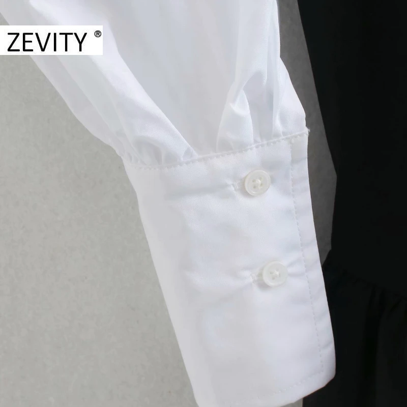 ZEVITY ženske elegantno črno bel mozaik robom ruffles shirtdress ženski luč rokav priložnostne vestidos elegantna mini obleke DS4527