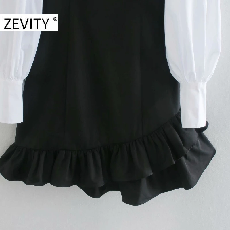 ZEVITY ženske elegantno črno bel mozaik robom ruffles shirtdress ženski luč rokav priložnostne vestidos elegantna mini obleke DS4527