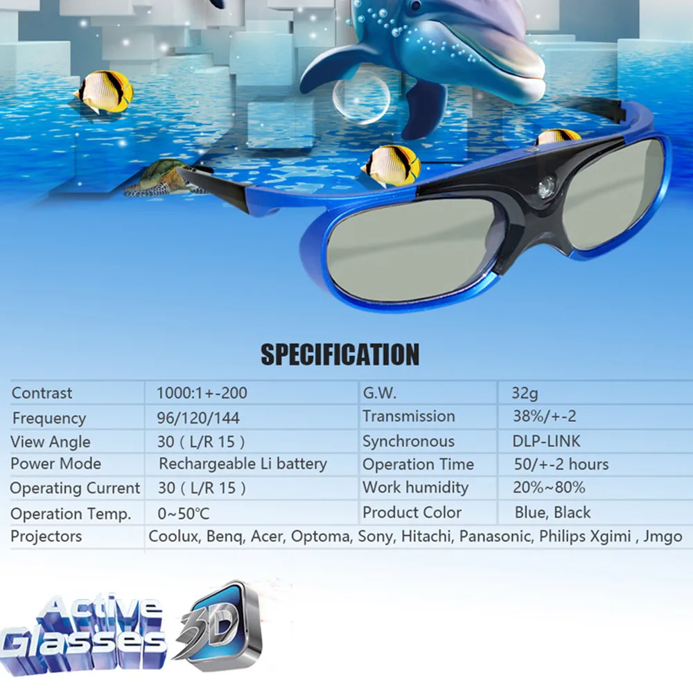 ZIICOYO 3D Aktivna Shutter Glasses DLP-LINK 3D očala za Xgimi Z4X/H1/Z5 Optoma Oster LG Acer H5360 Jmgo BenQ Projektorji w1070