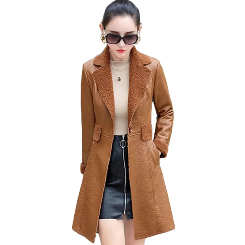 Zimska jakna ženske, karamel, L-4XL plus velikost 2020 jeseni nove korejske modne slim dodaj žamet dolgo, umetno usnje, usnjeni plašč feminina JD880