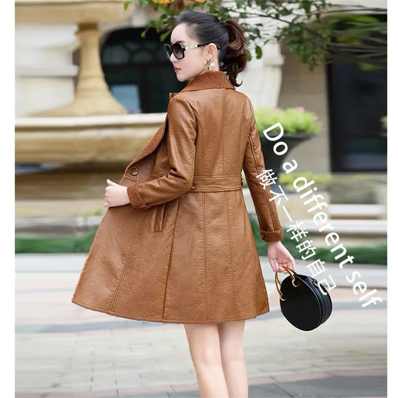 Zimska jakna ženske, karamel, L-4XL plus velikost 2020 jeseni nove korejske modne slim dodaj žamet dolgo, umetno usnje, usnjeni plašč feminina JD880