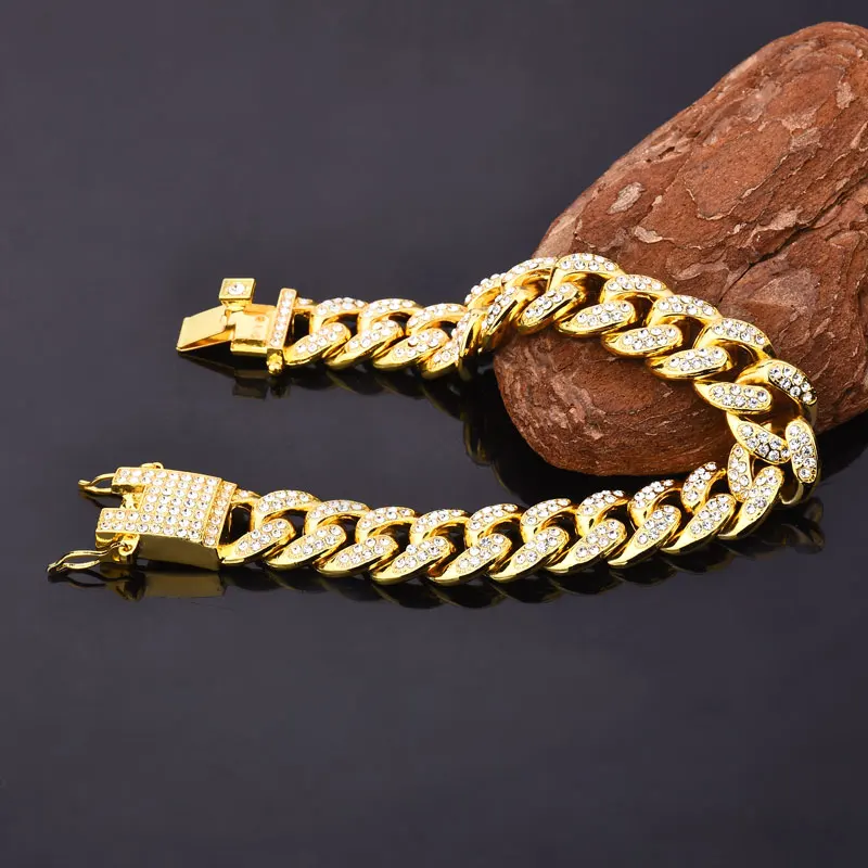 Zlato barvo Moških Hiphop ledeni iz bling zapestnice moda nosorogovo 20 cm dolge Miami kubanski povezavo verige hip hop zapestnica moški nakit