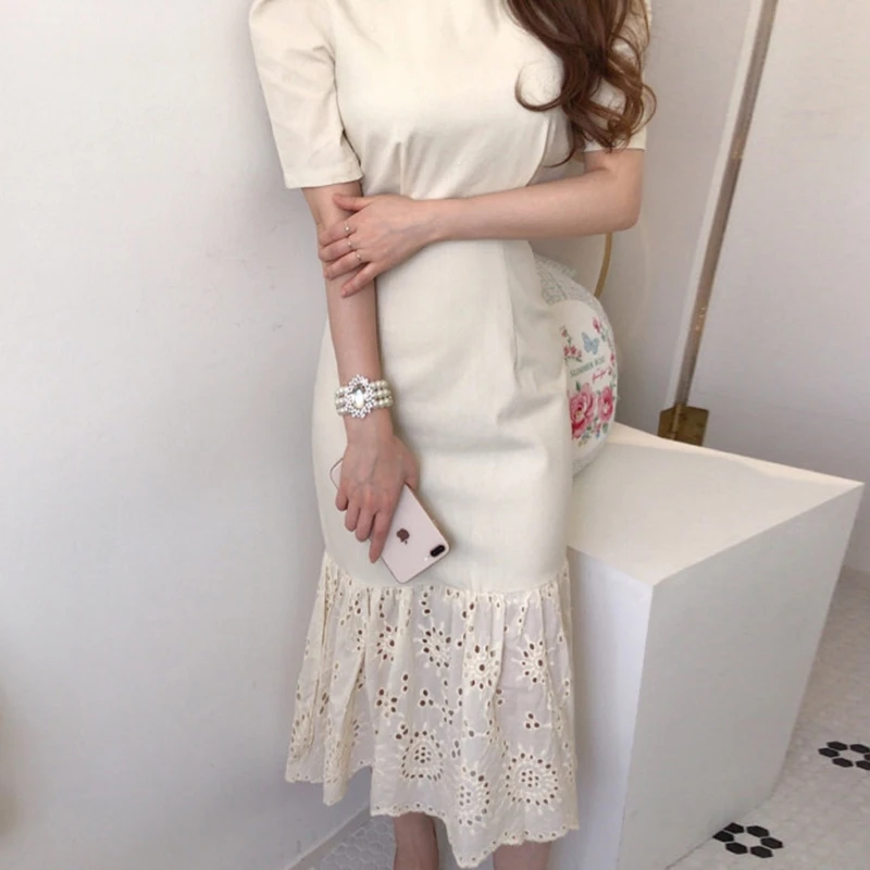 ZOSOL Južna Koreja Elegantna francosko Eleganco okrogel vratni Izrez Slim Hujšanje Pasu Robom Čipke Rep Rob Obleko