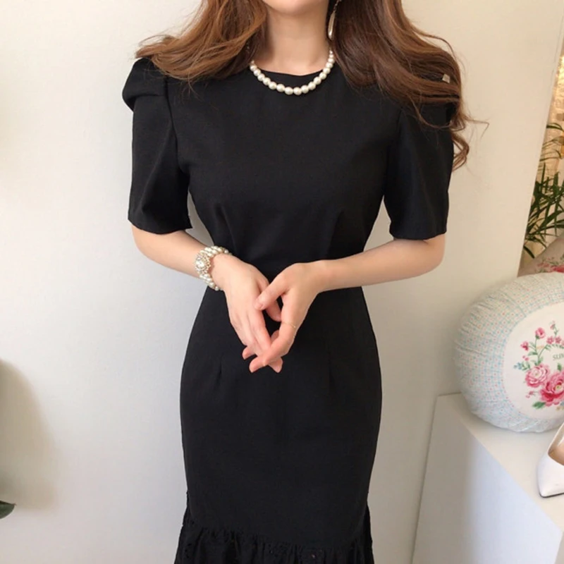 ZOSOL Južna Koreja Elegantna francosko Eleganco okrogel vratni Izrez Slim Hujšanje Pasu Robom Čipke Rep Rob Obleko