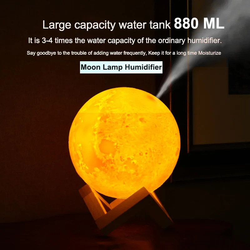Zraka Vlažilnik 880ML 3D Luna Lučka lučka Difuzor Aroma eteričnega Olja USB Ultrazvočno Humidificador Noč Kul Megle Čistilec