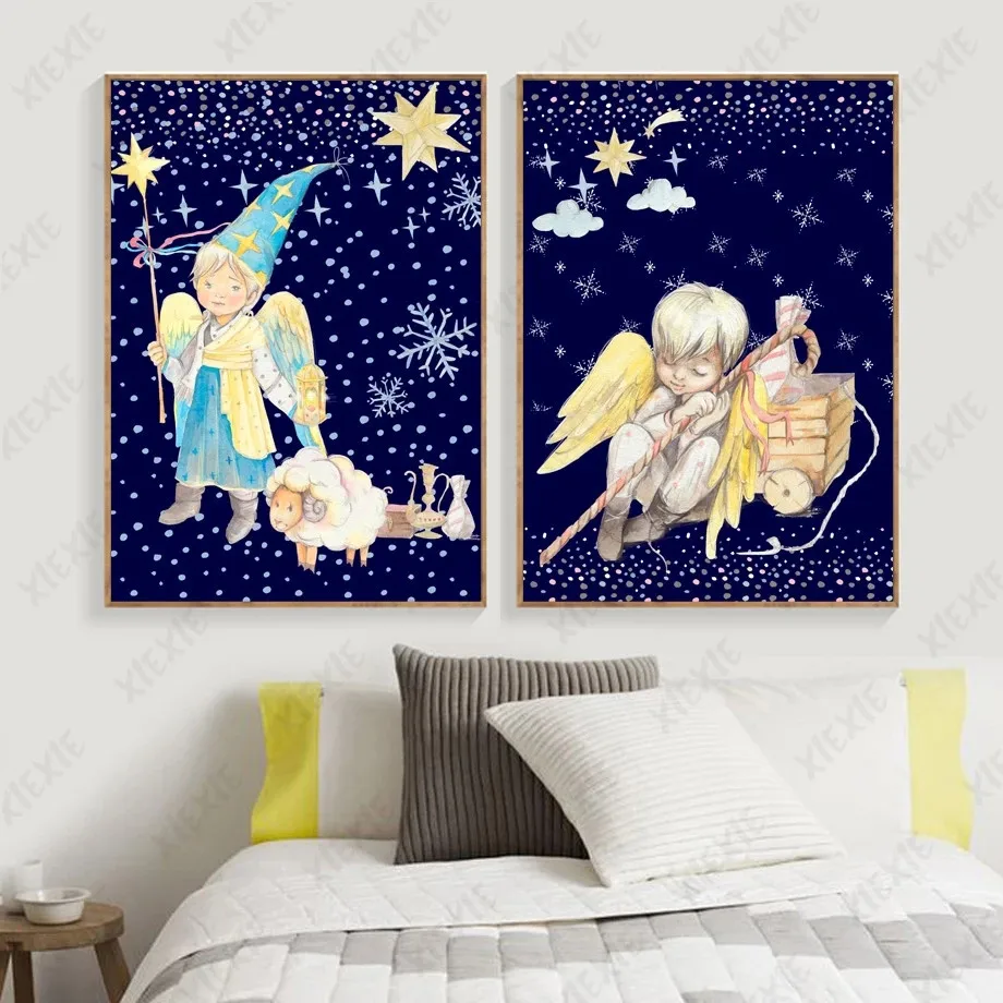 Zvezdnato Nebo Plakat Ozadje Risanka Angel Čarobno Platno, Slikarstvo, Umetnost Otročji Dekoracijo Doma Otroška Soba Obrti Sliko Natisniti