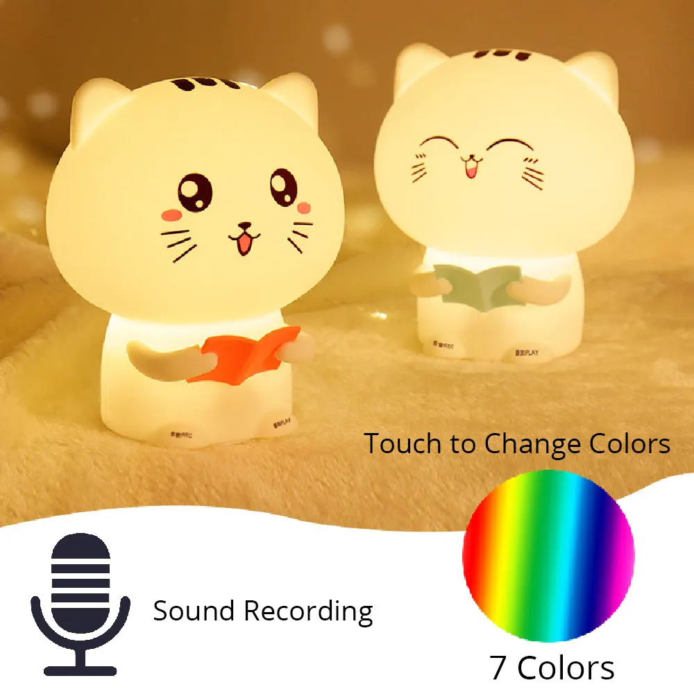 Zvok Snemanje USB Polnjenje LED Mačka Night Light Touch Senzor Pisane Risanka Silikonski Lučka Spalnica Postelji Lučka za Otroka