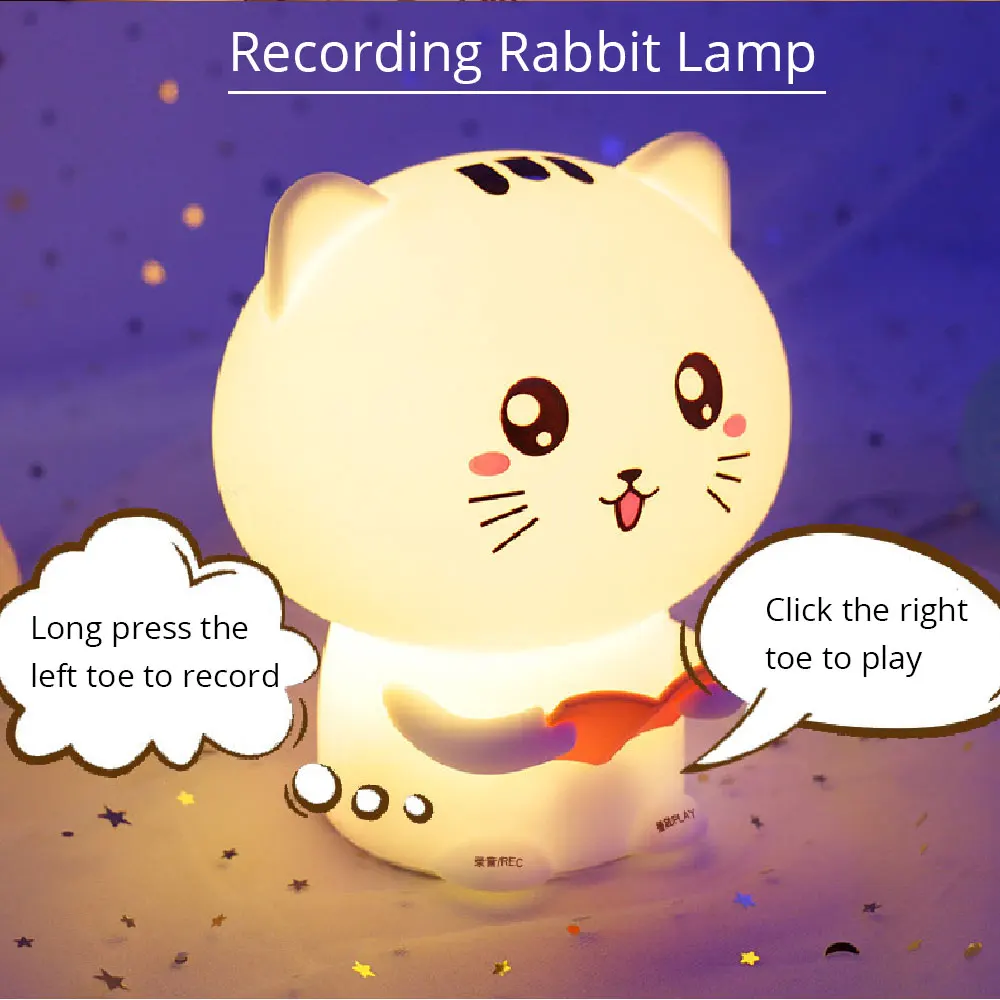 Zvok Snemanje USB Polnjenje LED Mačka Night Light Touch Senzor Pisane Risanka Silikonski Lučka Spalnica Postelji Lučka za Otroka