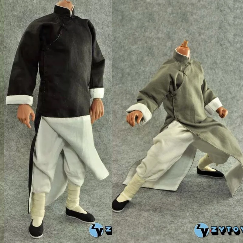 ZYTOYS 1/6 Obseg Moška Oblačila Črno Siva Kitajski Kung Fu bo Ustrezala Dolgo Haljo za Donnie Yen Yip Jackie Chan Bruce figuric