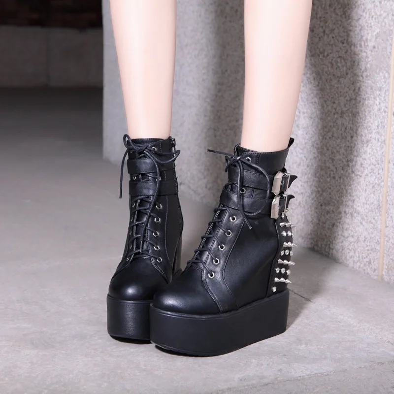Čevlji Za Ženske Do Leta 2020 Zimski Škornji Ženske Oblikovalec Usnje Čipke-Up Platforma Čevlji Goth Punk Demonia Gleženj Škornji