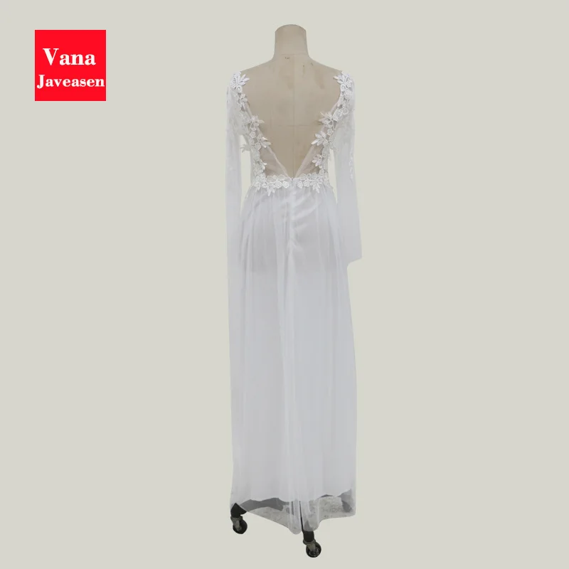 Čipke 3D Vezene Bela Obleka Ženske Proti-vrat Backless Dolgo sleeved Vestidos Tla-dolžina Stranka Obleko Večer Elegantne Obleke