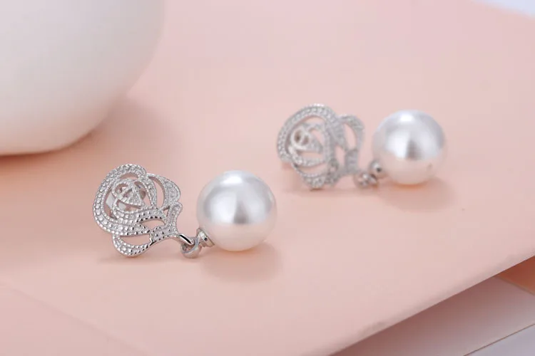 Čisti 925 sterling silver fashion rose cvet kristalno pearl ženski stud uhani rese lady darilo ne zbledi debelo