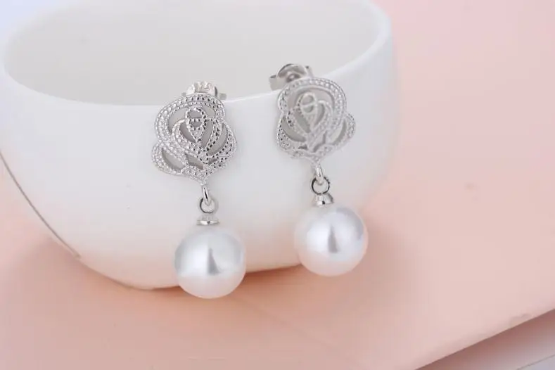 Čisti 925 sterling silver fashion rose cvet kristalno pearl ženski stud uhani rese lady darilo ne zbledi debelo