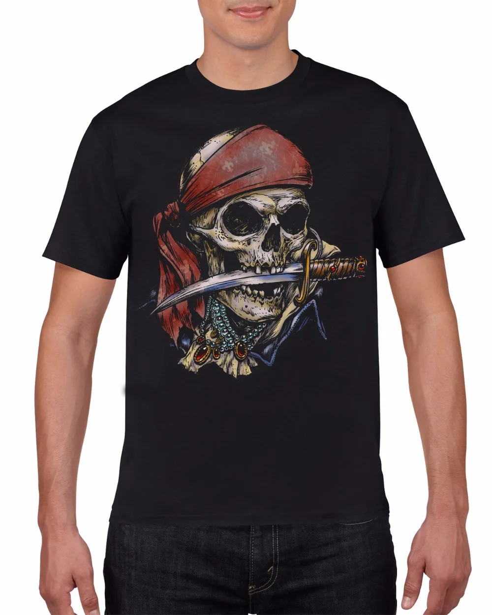 Čisto Nov Tee Shirt Design piratska Lobanja Nož V Usta O-Vrat Tee majica Visoke Kakovosti Moške Majice s kratkimi rokavi ulične