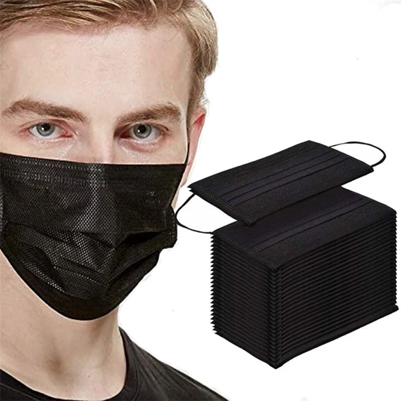 Črna 3-layer Mask 10/50/100 kozarcev Obraz, Usta Maske Melt Blown Krpe za Enkratno uporabo Anti-Prah Maske, Maske Earloops