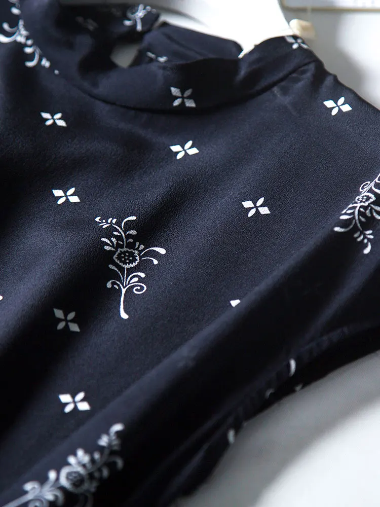 Črna Cvetlični Stati Slog Ovratnik Francoski Eleganten Vsestranski Mulberry Svila Svila Obleko 2020 Nova Moda