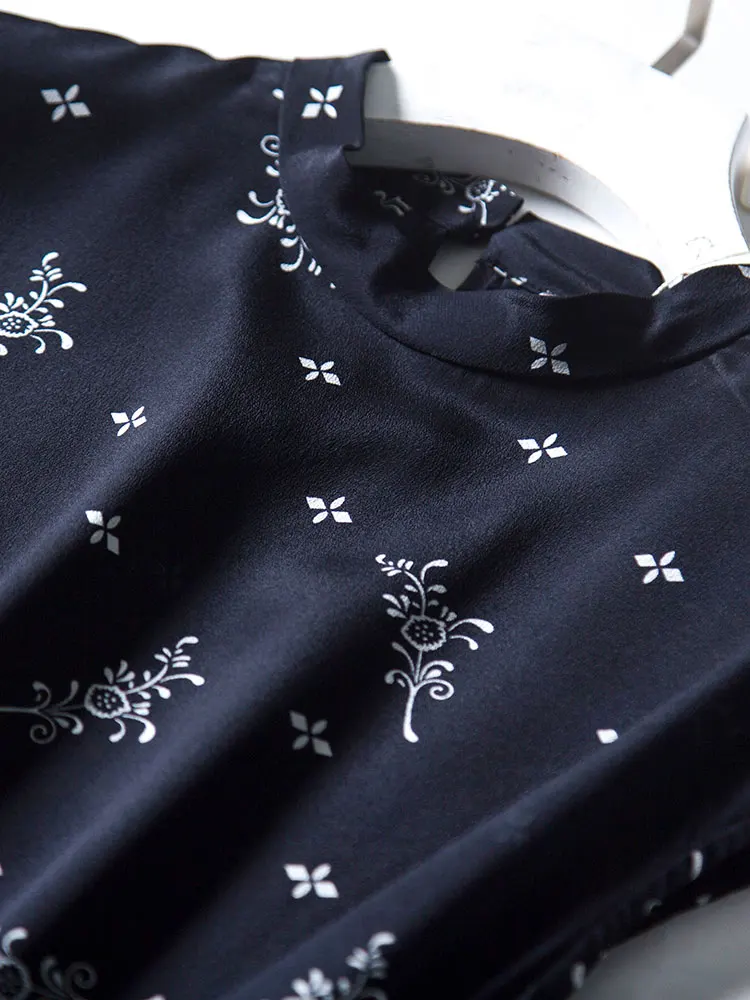 Črna Cvetlični Stati Slog Ovratnik Francoski Eleganten Vsestranski Mulberry Svila Svila Obleko 2020 Nova Moda