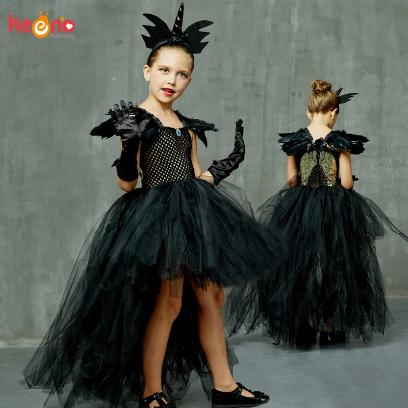 Črna Dark Angel Dekleta Tutu Obleko Proti-vrat Vlak Dekleta Pageant Večer Stranka Žogo Obleke Fancy Obleke Otroci Halloween Kostum Čarovnica