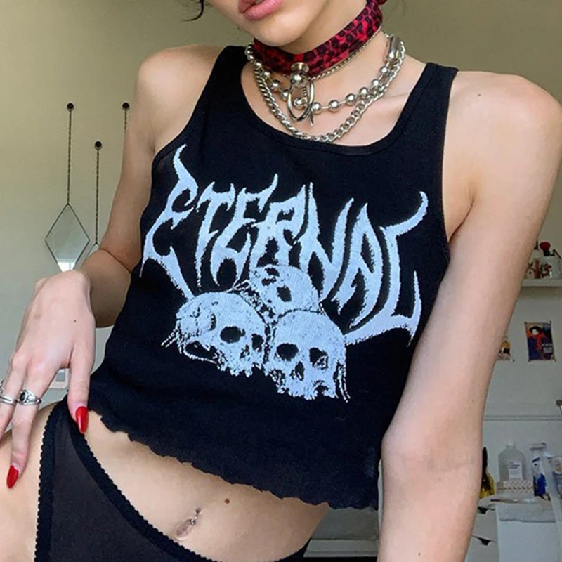 Črna Goth Ženska Osnovne Vrhovi Tank 2020 Lady Kul Lobanja, Tiskanje Temno Kratke Dolžine Seksi Punk Gothic Camisole Rock Hipster Tesen Camis