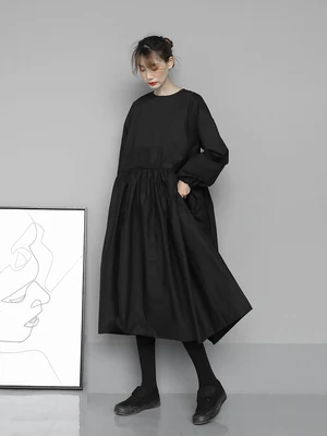 Črna Hepburn stil oblačenja nove sredine dolgo, visoka vitka Peng kažejo, tanek a-line krilo ohlapne dolge rokave