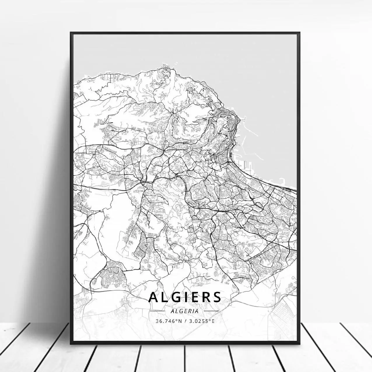 Črna in Bela Alžir Alžirija zemljepisna širina zemljepisna Dolžina Platno Art Map Plakat
