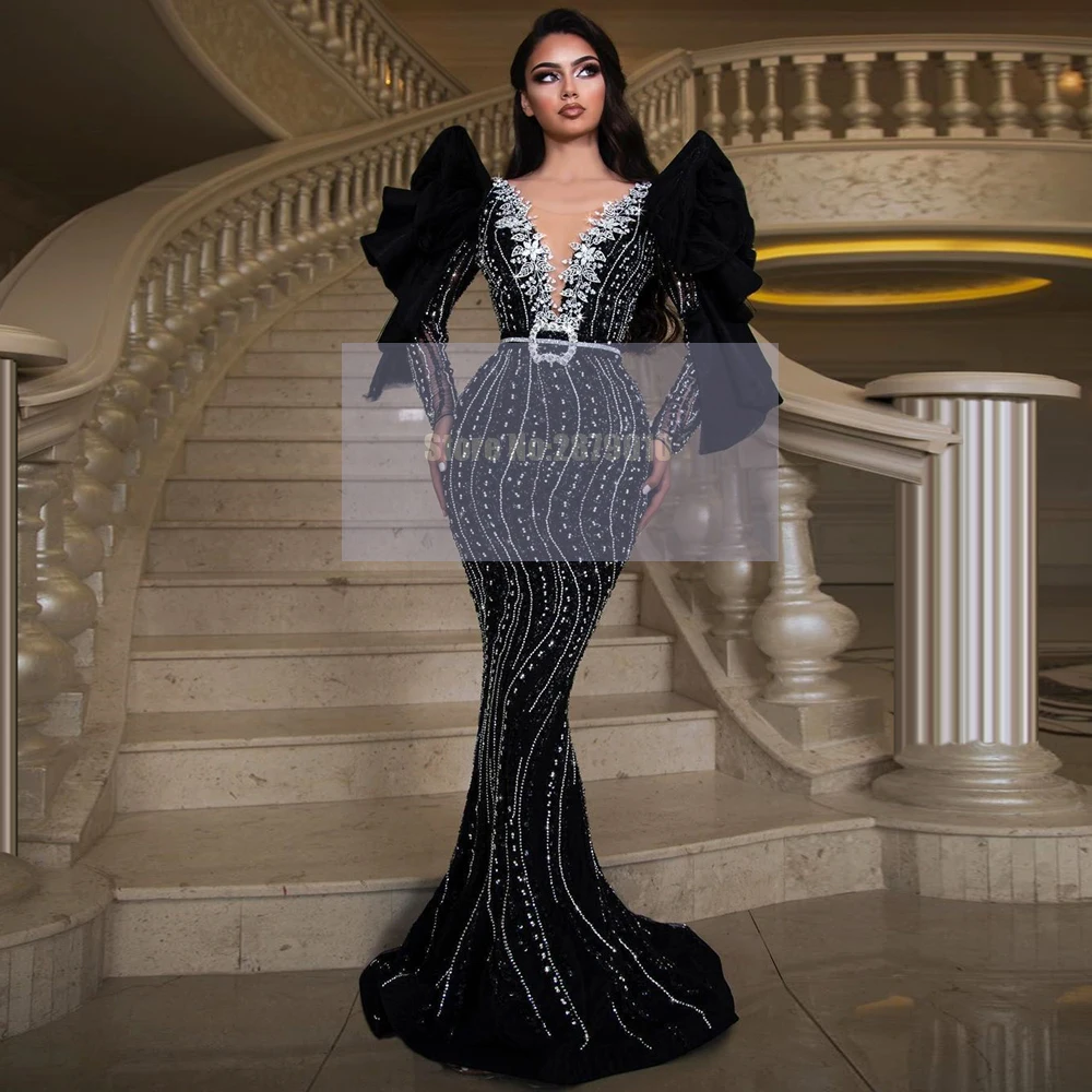 Črna Seksi 2020 Najnovejši Arabski Luksuzni Večerne Obleke Tla-Dolžina Krila Aplicirano Beaded Sequins Globoko V Vratu Formalno Obleko Dubaj