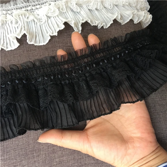 Črne in bele čipke naguban stretch čipke trim krilo nihalo, trampolin krilo elastična lutka obleko tkanine, čipke dodatki
