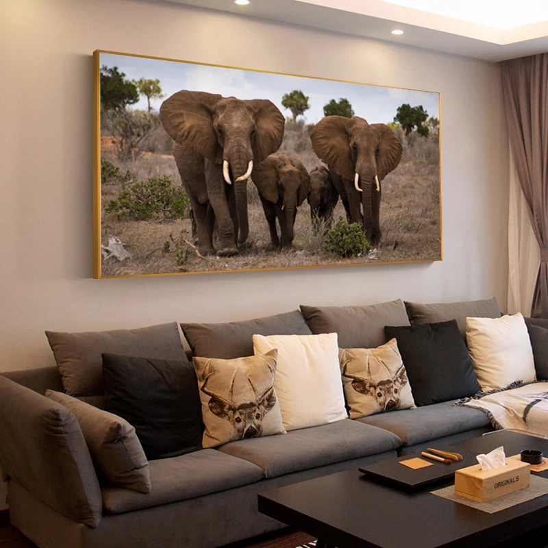 Črne in Bele Živali, Poster Tiskanje Wall Art Platno Slikarstvo Afriški Divji Slon Družino Slika na Steni Doma Dekoracijo