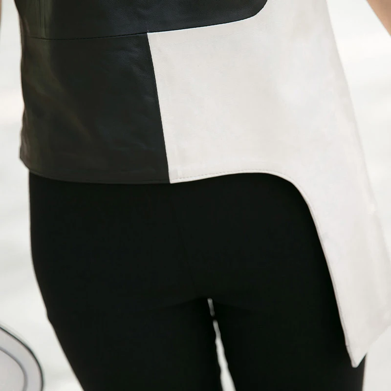 Črno Bel Tanek Nepravilna, Pravi Usnjeni Brezrokavnik Ženske 2020 Moda Ovčje Kože Puloverju Vrhovi Pravega Usnja Tanki Puloverji Ženske