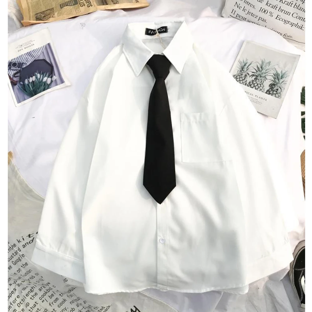 Črno Bele Srajce S Kravato Gumb Gor Majico Dolg Rokav Bluzo Žepi Ulične Urad Obleke Korejski Oblačila Priložnostne Vrh 2021