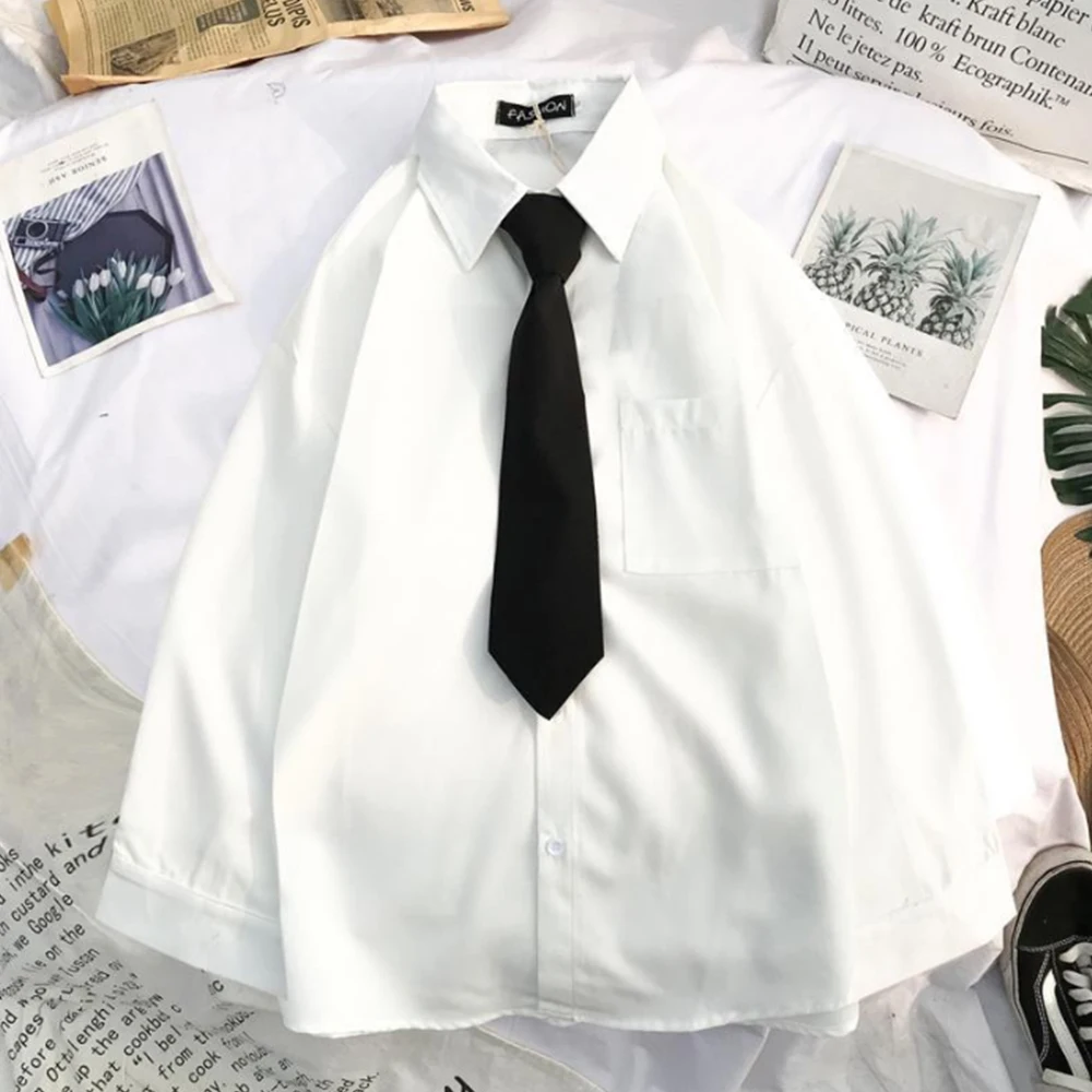 Črno Bele Srajce S Kravato Gumb Gor Majico Dolg Rokav Bluzo Žepi Ulične Urad Obleke Korejski Oblačila Priložnostne Vrh 2021
