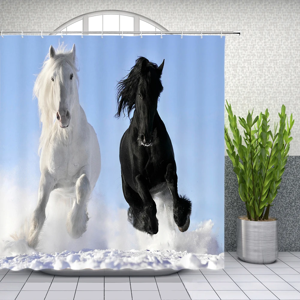 Črno Belem Konju, Tuš Zavese Močne Živali, ki Teče na Snegu Kopalnica Opremljanje Doma Kad Nepremočljiva Poliester Zavese Set