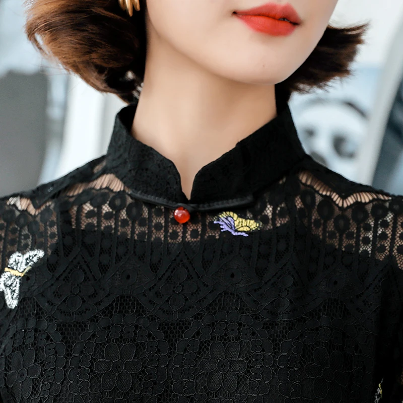 Črno Elegantno Mandarin Ovratnik Cheongsam Nov Prihod Čipke Seksi Kratke Qipao Vestidso Visoko Split Ročno Gumb Kitajska Obleka