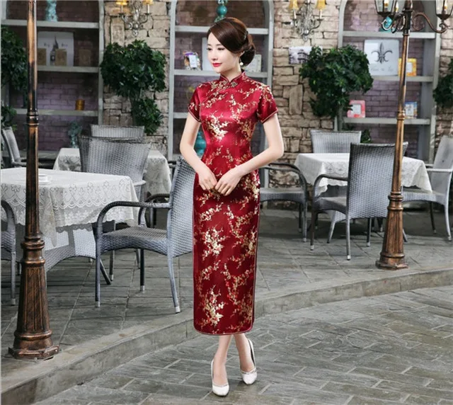 Črno Rdeča Kitajska Tradicionalna Obleka Ženske Saten Svila Cheongsam Qipao Poletje Kratek Rokav Dolgo Obleko Cvet S M L XL XXL