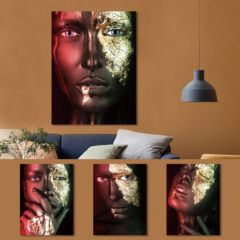 Črno Zlato Afriška Ženska Platno Slikarstvo Portret Natisni Plakat Wall Art Slike za Dnevni Sobi Doma Dekor