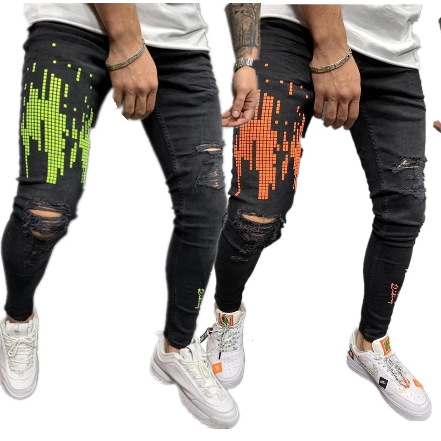 Črtna Koda za Tiskanje Raztrgala Luknje Jeans Za Moške Hip Hop Punk Slim Fit Traper Hlače Modni Ulične Stiski Hlače Plus Velikost 3XL
