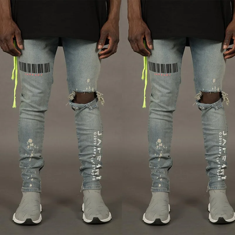 Črtna Koda za Tiskanje Raztrgala Luknje Jeans Za Moške Hip Hop Punk Slim Fit Traper Hlače Modni Ulične Stiski Hlače Plus Velikost 3XL